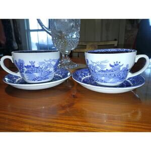 Vintage Teacups Blue Willow HTF Set Saucers 4pc Burleigh Handmade VTG
